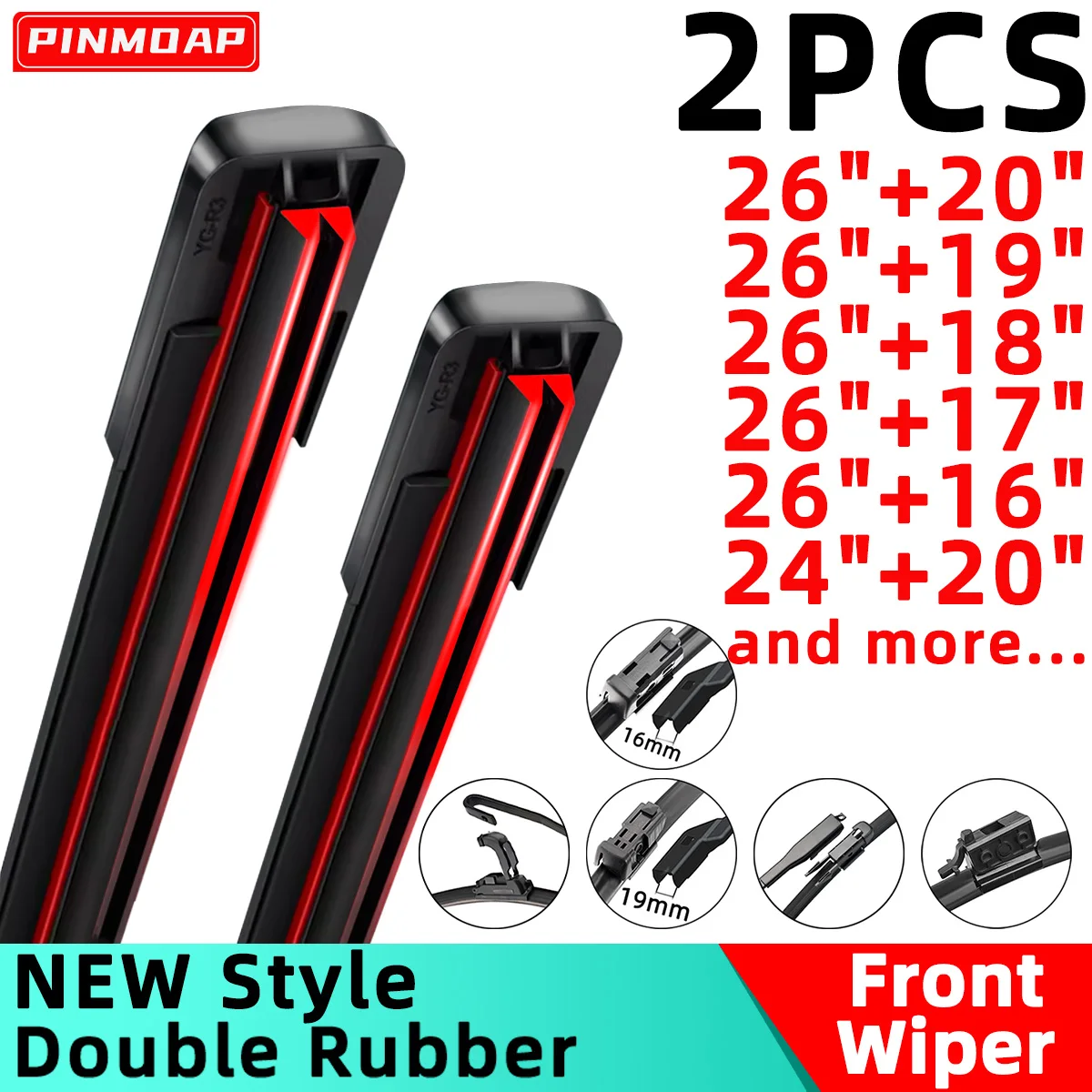 PINMOAP 2PCS Dual Rubber Strip Wiper Blade For Car Front Windshield Wiper Blade J Hook 19mm16mm Interface Silent Wiper Blade