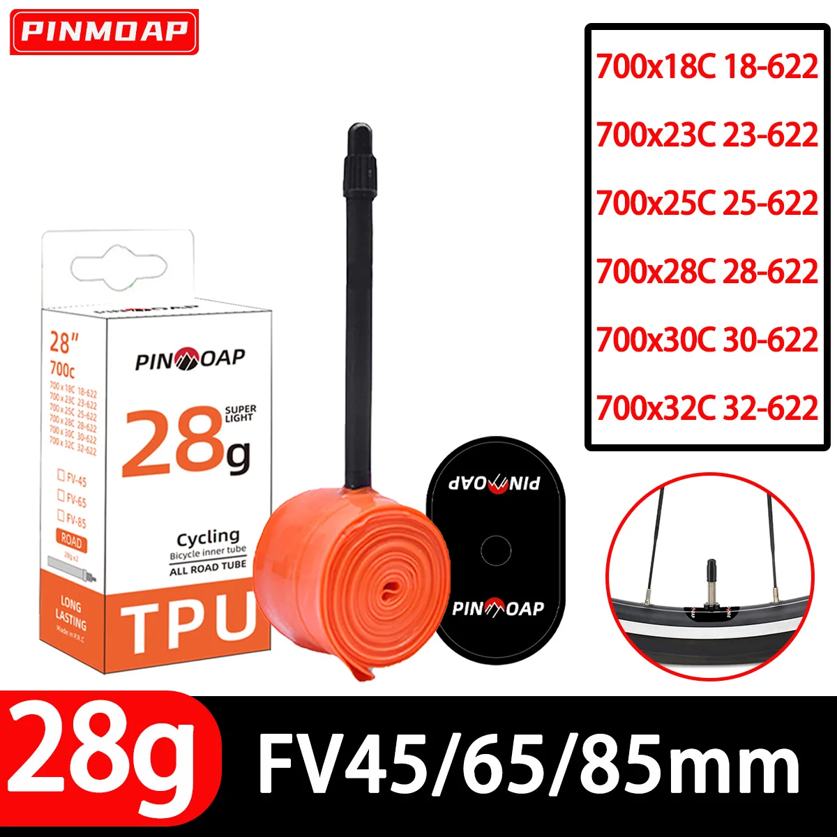 PINMOAP French Air Nozzle 28G Ultra Light Road Bicycle Inner Tube 700x18/23/25/28/30/32C Bicycle TPU Inner Tube 45/65/85mm